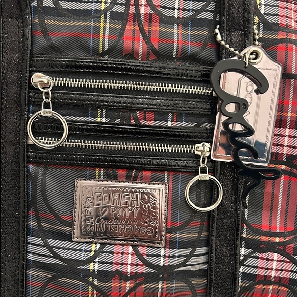 Coach (EUC) Poppy Black and Red Plaid Tote with Black Sequin Trimming & Handles - Picture 3 of 15